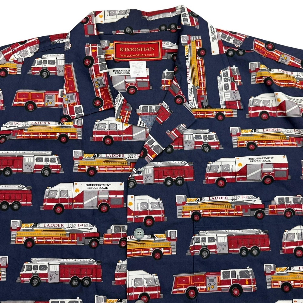 KIMOSHAN Shirt Mens XL Blue Short Sleeve Button Up Fire Truck Graphic Hawaiian